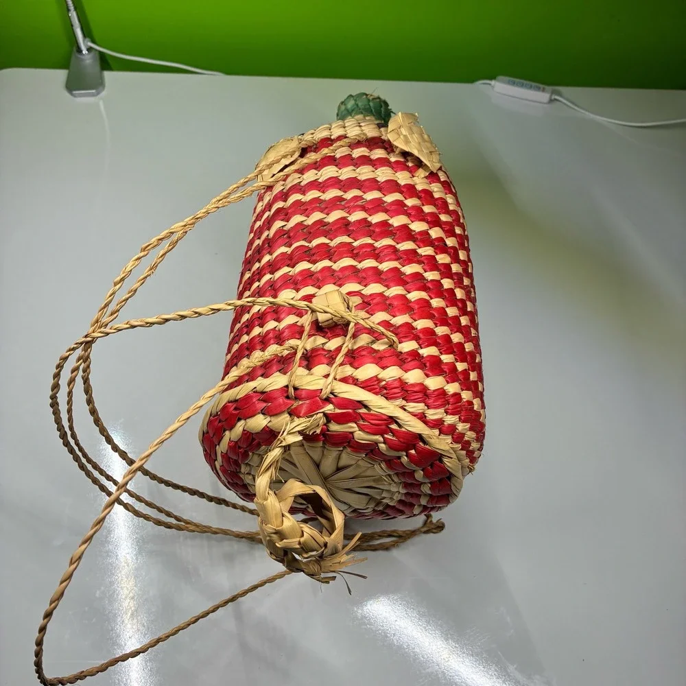 Vintage Hand Woven Straw Pig Basket Red Natural Animal Folk Art Storage with Lid